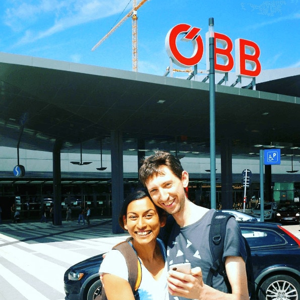 Vineeta and Tom outside Vienna central station